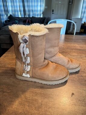 UGG Chestnut Sheepskin Lined Suede Ankle Booties with Ribbon Back